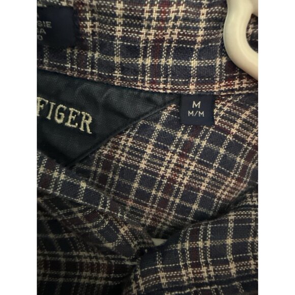 Tommy Hilfiger Men's Medium Blue Red White Long Sleeve Casual Linen Plaid Shirt - Picture 3 of 6